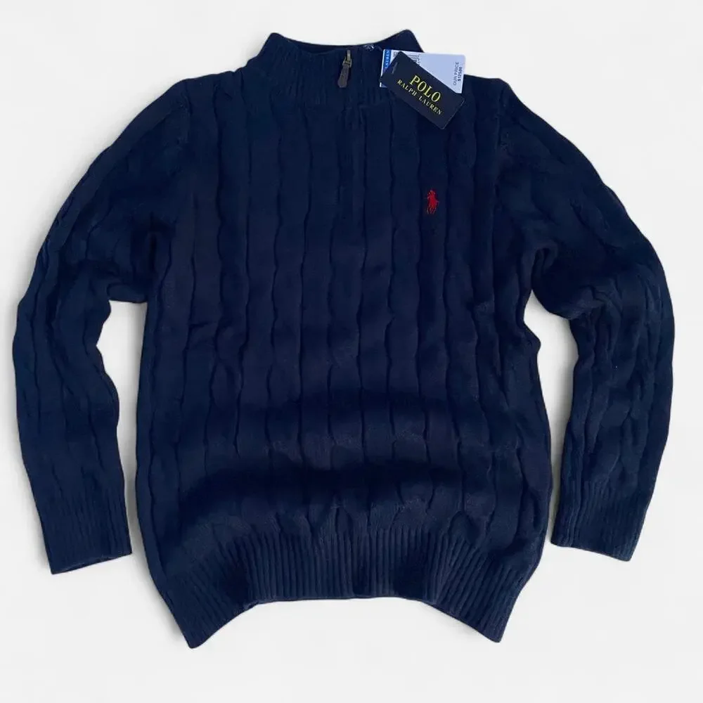 Polo Ralph Lauren navy cable knit cotton quarter zip sweater